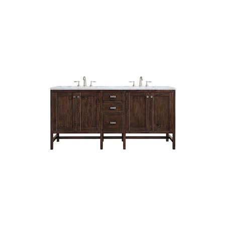 James Martin Vanities Addison 72in Double Vanity, Mid-Century Acacia w/ 3 CM Carrara White Top E444-V72-MCA-3CAR